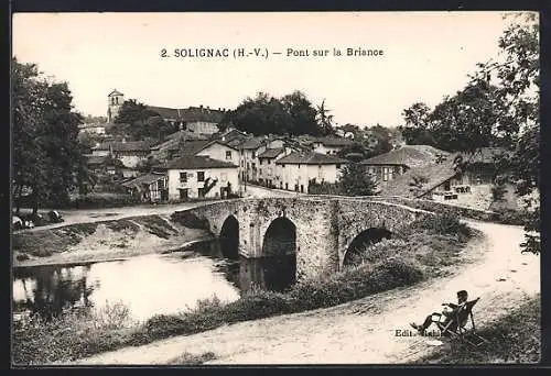 AK Solignac, Pont sur la Briance et vue du village