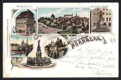 Lithographie Nürnberg, Albrecht Dürer-Haus und -Denkmal, Tugend-Brunnen, Museums-Brücke, Ortsansicht