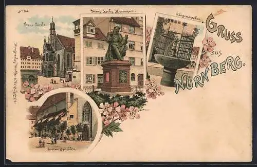 Lithographie Nürnberg, Gänsemännchen, Frauenkirche, Hans Sachs Monument