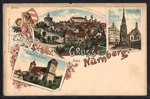 Lithographie Nürnberg, Kaiserstallung, Schöner Brunnen und Frauenkirche