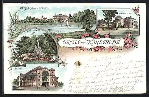 Lithographie Karlsruhe, Festhalle, Nymphengruppe, Vierordt's Bad, Stadtgarten See