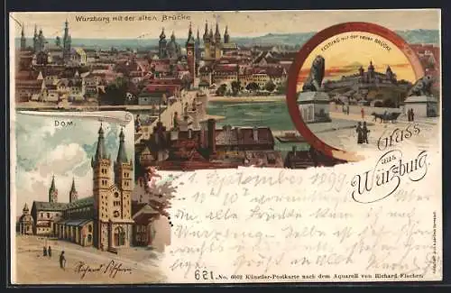 Lithographie Würzburg, Dom, Ortsansicht mit alter Brücke, Festung mit der neuen Brücke