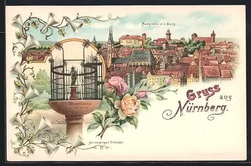 Lithographie Nürnberg, Panorama mit Burg, Nürnberger Trichter, Gänsemännchenbrunnen