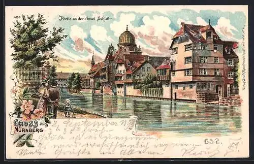 Lithographie Nürnberg, Partie an der Insel Schütt mit Synagoge