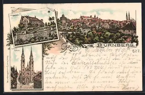 Lithographie Nürnberg, Lorenz-Kirche, Burg, Ortsansicht mit Turm