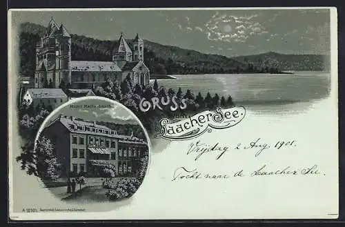 Mondschein-Lithographie Maria-Laach, Hotel Maria-Laach, Laacher See mit Abtei, silberner Mond
