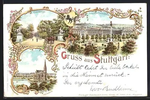 Lithographie Stuttgart, Schlossplatz, Rossebändiger, an der Johanneskirche