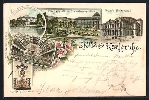 Lithographie Karlsruhe, Friedrichsplatz mit Sammlungsgebäude, Grossh. Hoftheater