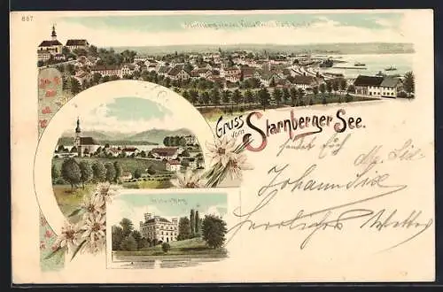 Lithographie Starnberg, Schloss Berg, Ortsansicht von der Villa Prinz Karl aus, Teilansicht mit Seeblick