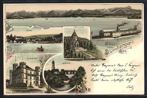 Lithographie Tutzing /Starnberger See, Votivkirche, Schloss Berg, Dampfschiff Bavaria