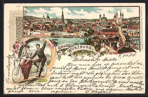 Lithographie Würzburg, Teilansicht der Stadt, Paar grüsst vom Tandem