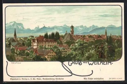 Künstler-AK Weilheim / Oberbayern, Totalansicht mit Kirche