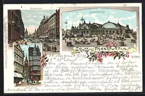 Lithographie Frankfurt a. M., Kaiserstrasse, Hauptbahnhof und Alter Markt