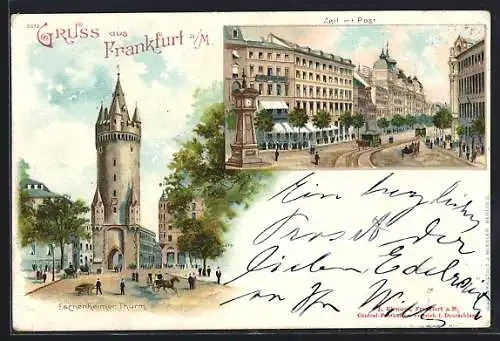 Lithographie Frankfurt /Main, Eschenheimer Turm, Zeil mit Post & Pferdebahn