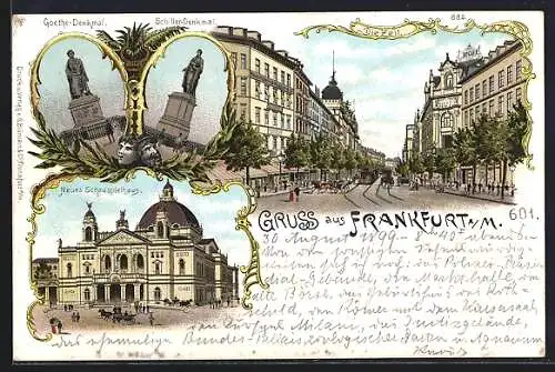 Lithographie Frankfurt /Main, Strassenpartie an der Zeil, Goethe-Denkmal, Schiller-Denkmal & Schauspielhaus