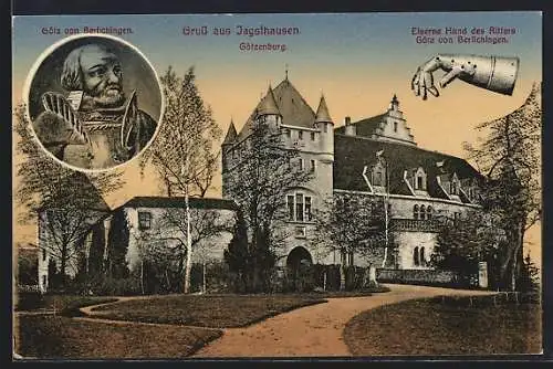 AK Jagsthausen, Götzenburg, Portrait und Eiserne Hand Götz von Berlichingen