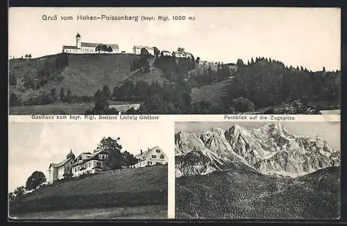 AK Hohen-Peissenberg, Gasthaus zum bayr. Rigi L. Greitner, Zugspitzen-Fernblick, Ortspanorama