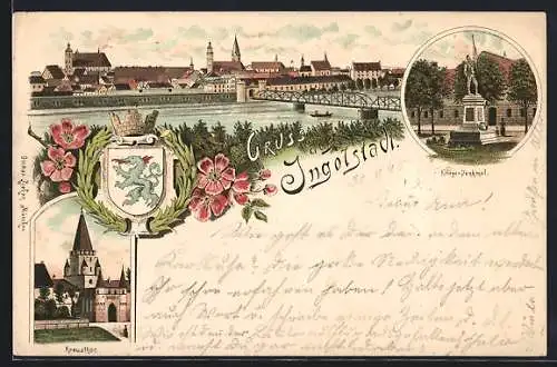 Lithographie Ingolstadt, Krieger-Denkmal, Wappen und Kreuzthor