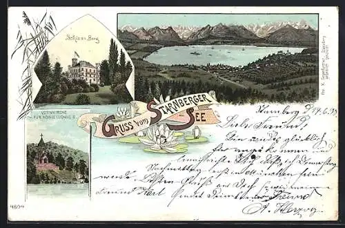 Lithographie Berg / Starnberger See, Schloss, Votivkirche für König Ludwig II., Blick über den Starnberger See