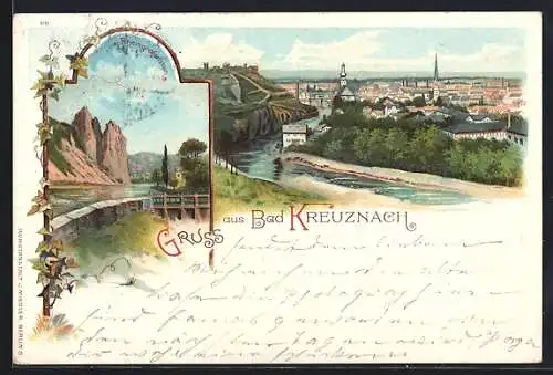 Lithographie Bad Kreuznach, Ortsansicht und Rheingrafenstein