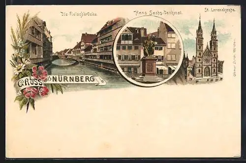 Lithographie Nürnberg, Fleischbrücke, Hans Sachs-Denkmal, St. Lorenzkirche