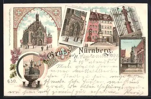 Lithographie Nürnberg, Kirche, Frauenkirche, Tugendbrunnen, Gräbel-Denkmal