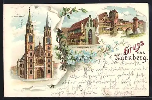 Lithographie Nürnberg, Lorenzkirche, Bratwurstglöcklein und Henkersteg