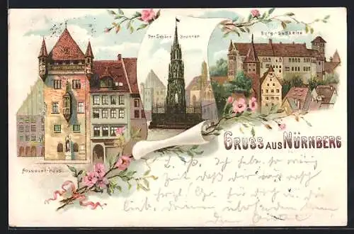 Lithographie Nürnberg, Nassauer Haus, Der Schöne Brunnen, Bug-Südseite