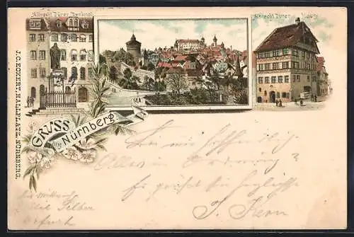 Vorläufer-Lithographie Nürnberg, 1894, Albrecht Dürer-Denkmal und -Haus, Teilansicht mit Turm und Mauer