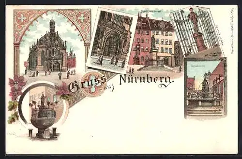 Lithographie Nürnberg, Gänsemännchen, Albrecht-Dürer-Denkmal, Tugendbrunnen