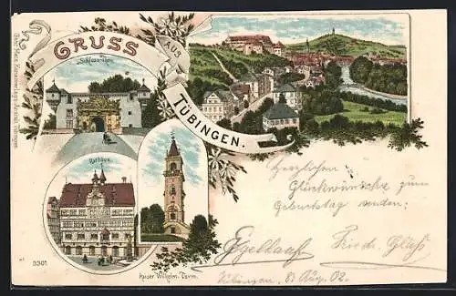 Lithographie Tübingen, Rathaus, Kaiser Wilhelm-Turm, Ortsansicht