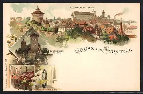 Lithographie Nürnberg, Bratwurstglöcklein, Fünfeckiger Turm, Ortsansicht mit Burg