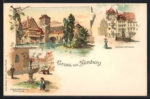 Lithographie Nürnberg, Nassauerhaus, Denkersteg, Gänsemännchen-Brunnnen