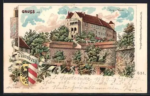 Lithographie Nürnberg, Burg von Westen, Wappen