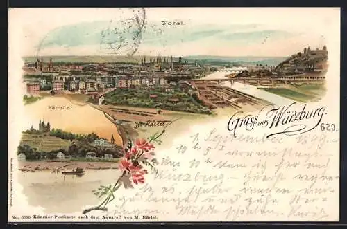 Lithographie Würzburg, Totalansicht & Kapelle