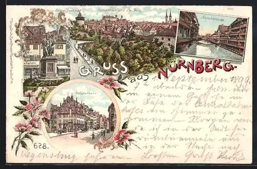 Lithographie Nürnberg, Karte für Schreibfaule, Adlerstrasse, Fleischbrücke