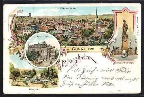 Lithographie Pforzheim, Ortsansicht, Blick auf Kriegerdenkmal, Stadtgarten und Reichspostamt