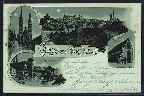 Mondschein-Lithographie Nürnberg, Henkersteg, Lorenzkirche, Ortsansicht