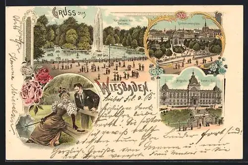 Lithographie Wiesbaden, Kursaalweier mit Fontaine, Kochbrunnenplatz, Augusta-Viktoria-Bad