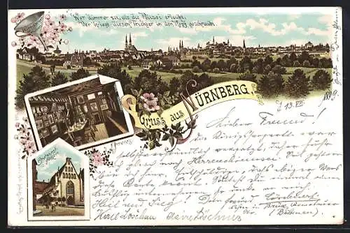 Lithographie Nürnberg, Gasthaus Bratwurstglöcklein mit Innerem, Stadtansicht mit Nürnberger Trichter