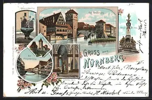 Lithographie Nürnberg, Henkersteg, Fleischbrücke, Kunstbrunnen, Gänsemännchenbrunnen