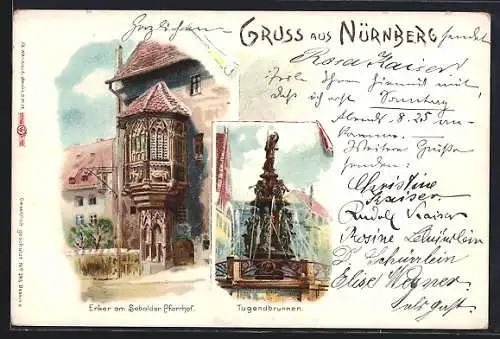 Lithographie Nürnberg, Tugendbrunnen und Erker am Sebalder Pfarrhof