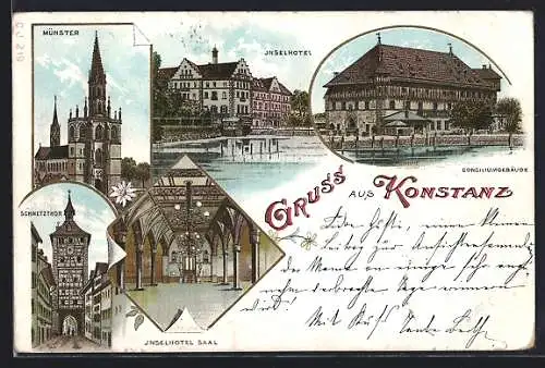 Lithographie Konstanz, Inselhotel, Schnetzthor, Münster