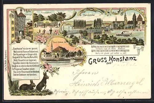 Lithographie Konstanz, Concil-Gebäude, Hussdenkmal, Schnetzthor, Husshaus, Rheinbrücke, Dampfer, Seehasen, Gedicht, Lied