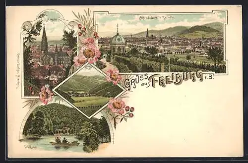 Lithographie Freiburg i. B., Ansicht von der Loretto Kapelle, Münster, Güntersthal und Waldsee