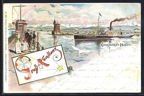 Lithographie Konstanz, Hafen mit einfahrendem Dampfer