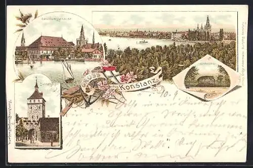 Lithographie Konstanz, Conciliumsgebäude, Schnetzthor, Blick auf die Stadt