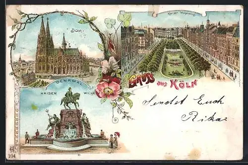 Lithographie Köln, Dom, Kaiserdenkmal und Kaiser Wilhelm Ring