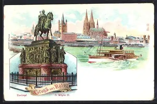 Lithographie Köln, Denkmal Fr. Wilhelm III., Panorama mit Dom