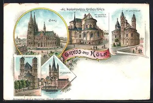 Lithographie Köln, Dom, St. Aposteln, St. Martin